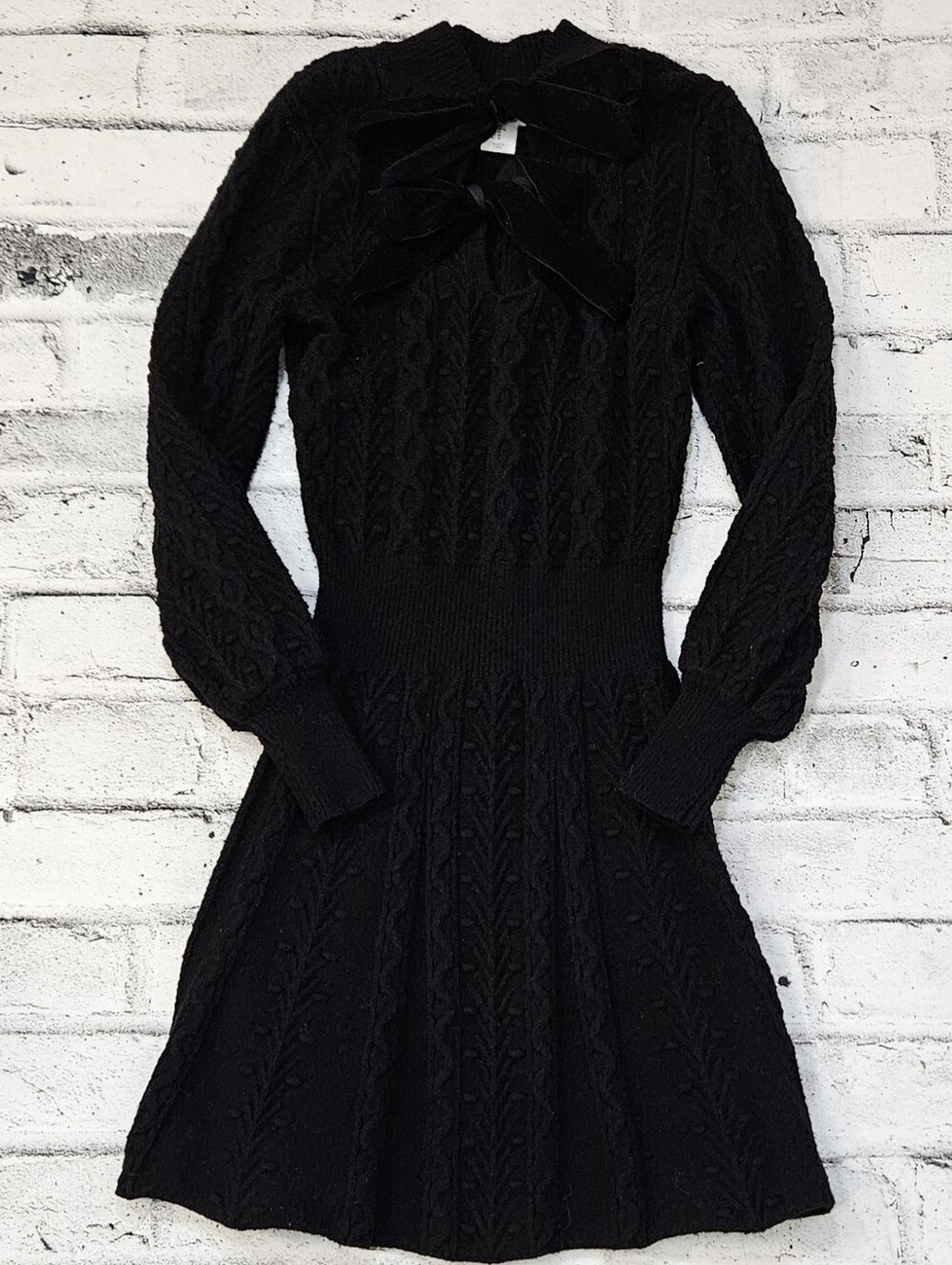 Jessica Simpson Black Cable Knit Velvet Bow Fit Flare Sweater Dress M